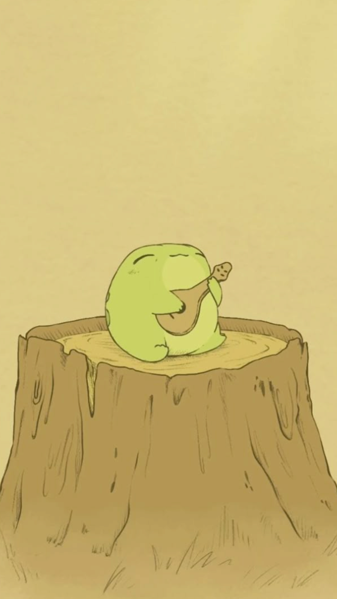 Frog playing music on a tree stump